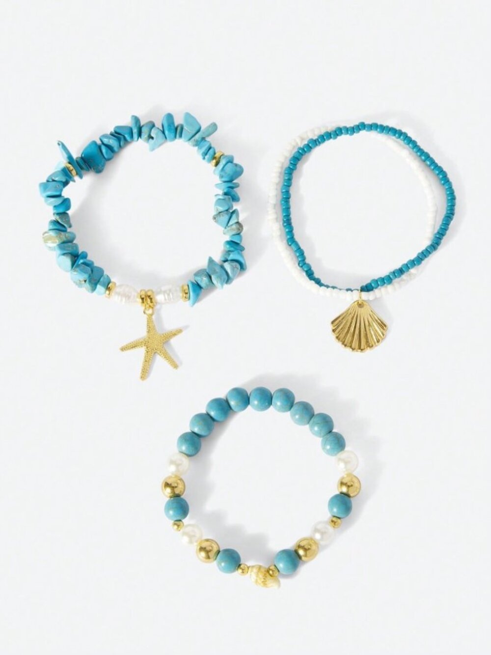 Turquoise Beaded Starfish & Shell Charm Nautical Bracelet Set